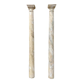 Vintage Reclaimed Salvage Wooden Faux Marble Painted Column Pair For Sale