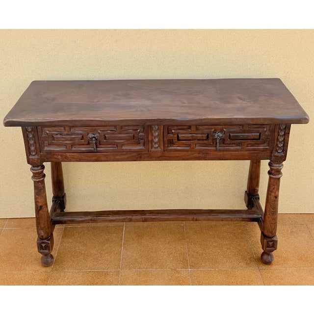 Baroque Spanish Walnut Console Table with Geometric Carved Drawers, 1920s For Sale - Image 3 of 17