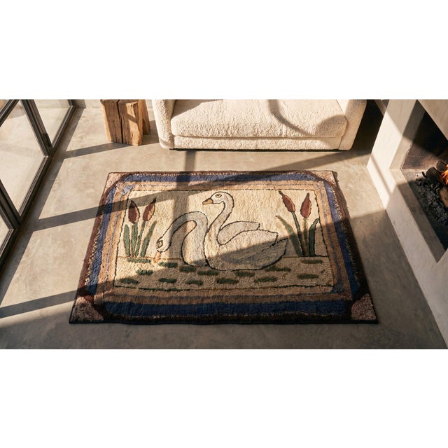 Unique White Ivory Color With Special Animalia Pattern Vintage Pictorial American Hooked Rug For Sale - Image 12 of 14
