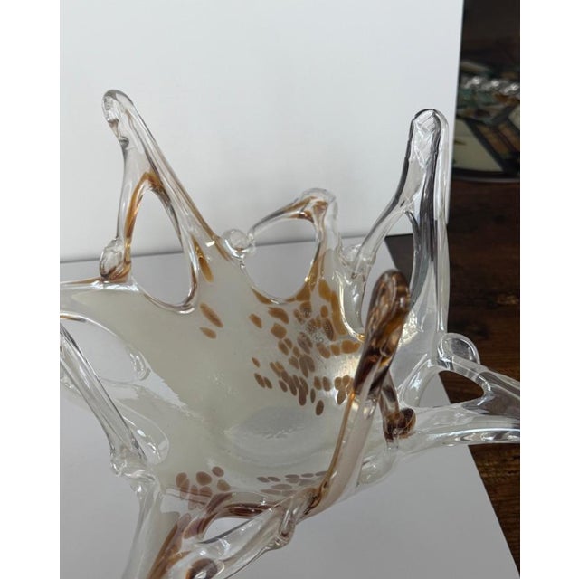 Vintage Murano Italian Art Glass Freeform Centerpiece Bowl Amber Gold Flecks 13” Hand Blown For Sale - Image 12 of 12