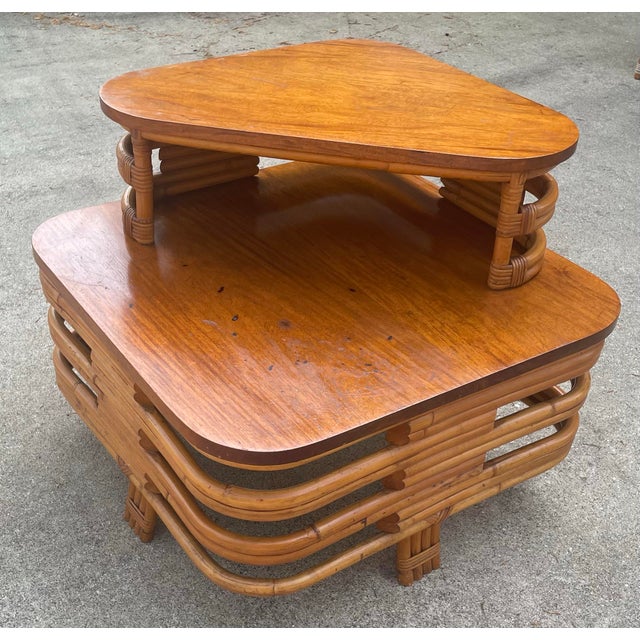 Mid-Century Modern Mid Century Bi- Level Rattan Corner Table For Sale - Image 3 of 10