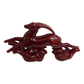 Large Art Deco Sculpture of a Leaping Gazelle in Earthenware with Red Glaze, 1930s-1940s For Sale