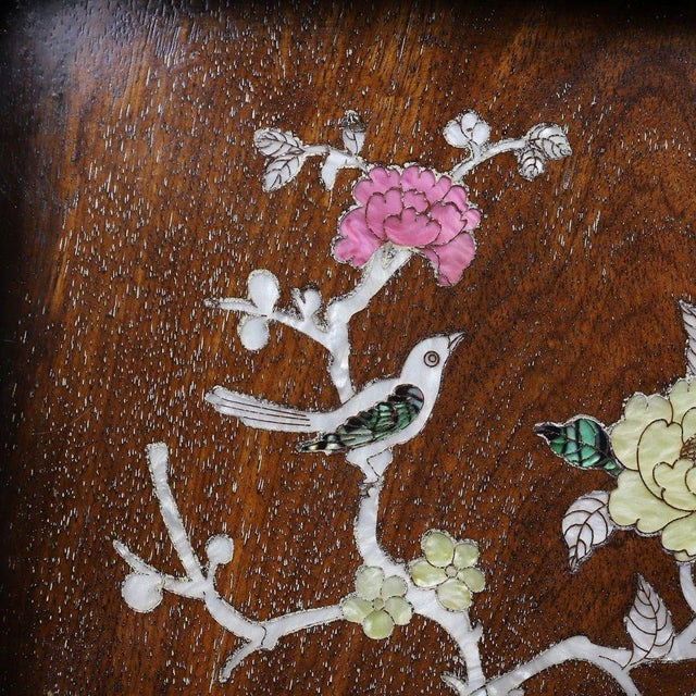 Brown Square Wooden Tray With Mother-of-Pearl Bird and Floral Inlay For Sale - Image 8 of 10