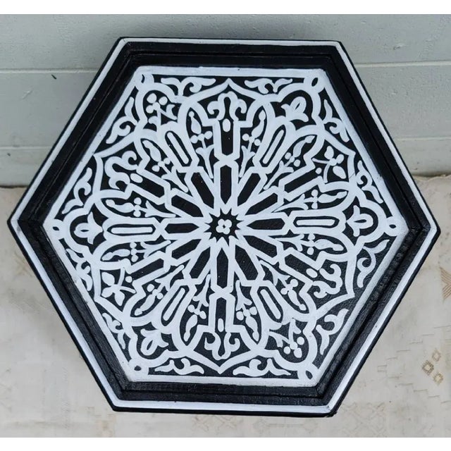 This is a 100% hand painted and hand carved Moroccan hexagonal shape side table or end table. Great handcraftsmanship...
