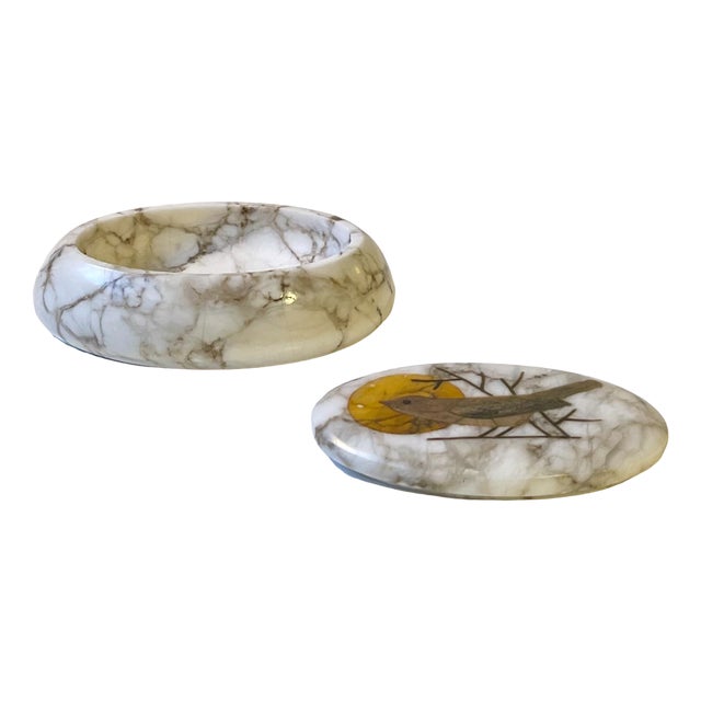 Vintage White Marble Jewelry Trinket with Bird Intarsia, 1970s For Sale