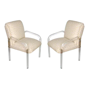 Pair of Vintage Pace Lucite Chairs Newly Upholstered in Yellow Brunschwig Les Touches Fabric