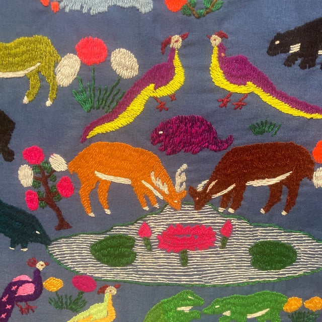 Vintage 1980s Framed Hmong Paj Ntaub Wildlife Story Cloth – Hand-Embroidered Textile Art For Sale - Image 4 of 12