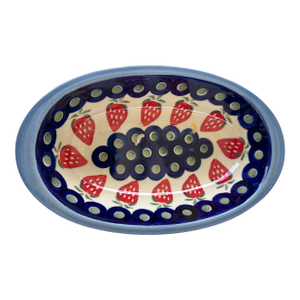 Vintage Polish Folk Pottery Oval Dish With Strawberries
