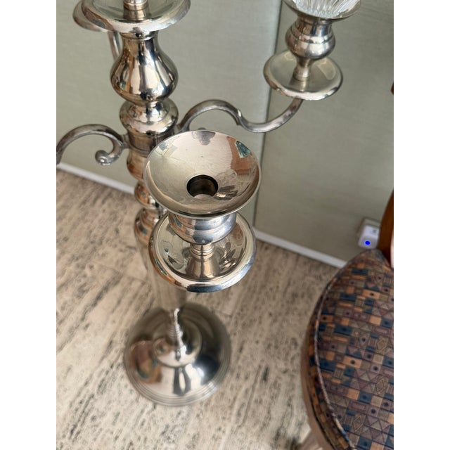 Vintage 1970s Silver Plate Candelabra With Removable Crystal Cups — 40” High For Sale - Image 11 of 13