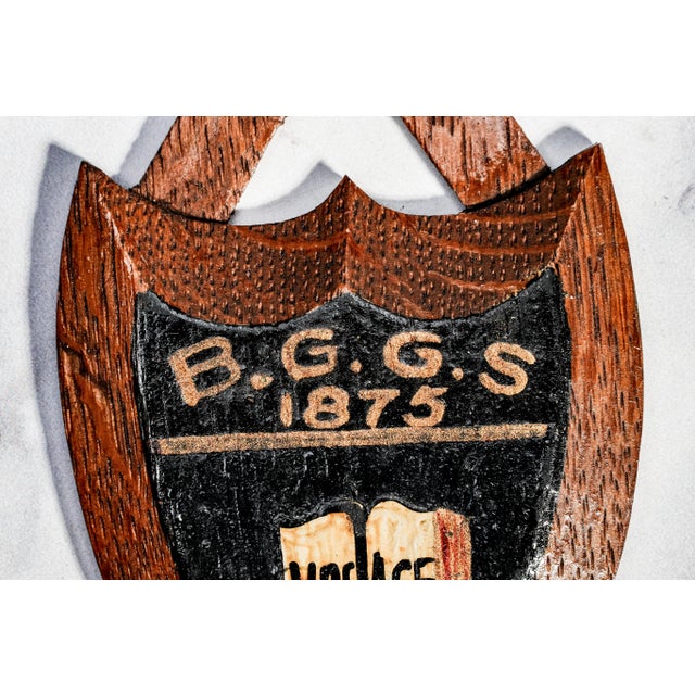 1910s Charming English Miniature Antique Edwardian Hand Painted Carved Wood School Shield Plaque Preppy Academic Home Decor For Sale - Image 5 of 9