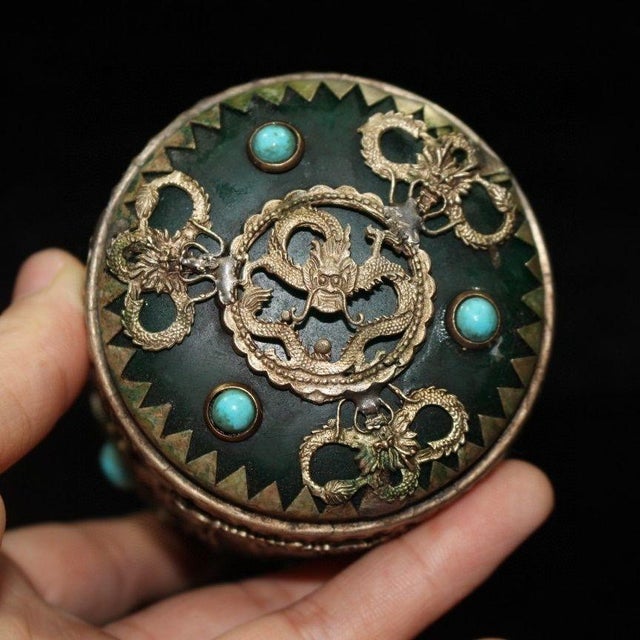 1980s Vintage Tibetan Silver-Plated Tea Caddy With Turquoise Dragons For Sale - Image 5 of 9