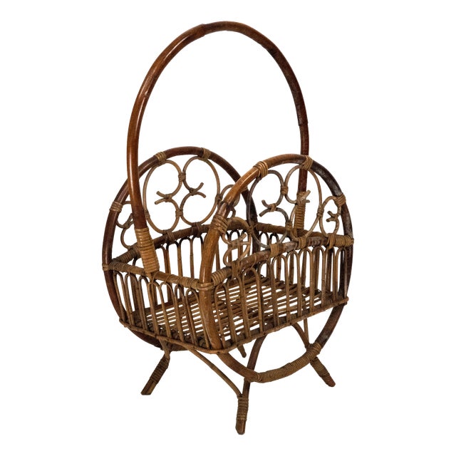 Italian Bamboo & Rattan Magazine Rack, 1950s For Sale
