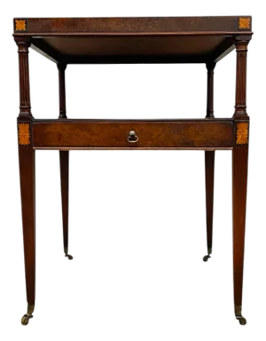 Vintage Iwo-Tier Side Table With Inlaid Top, Floral Marquetry Accents,and Brass-Toned Casters