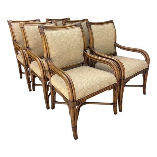 Vintage Organic Modern Rattan Dining Chairs With Arms and Upholstered Seats | Set of 6 For Sale