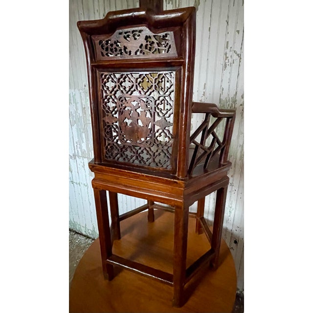Antique Asian Chinese Style Carved Hexagonal Petit Delicate Small Chair W/Arms For Sale - Image 4 of 12