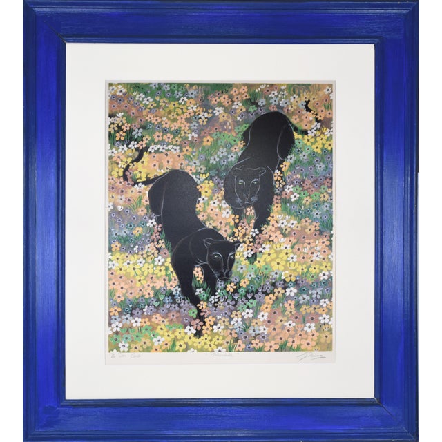 Blue Large Lithograph of Panthers "Promenade" by Chilean Artist Gustavo Novoa For Sale - Image 8 of 8