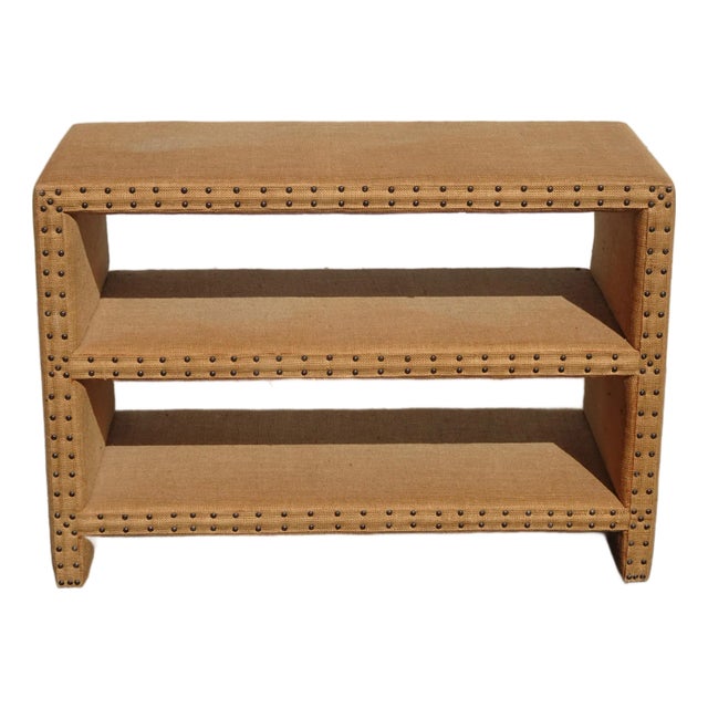 Modern Golden Brown Burlap Bookcase W Decorative Nails For Sale