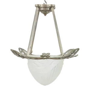 Antique Schneider French Art Deco Bronze and Frosted Glass Plafonnier Pendant Chandelier