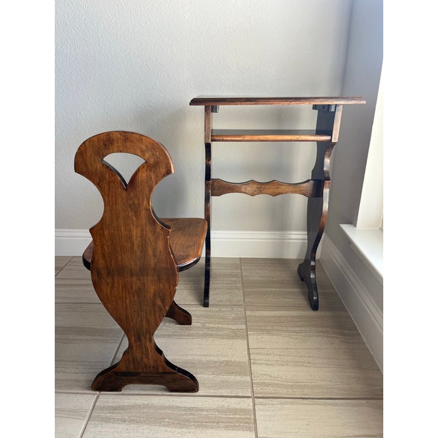 Vintage Rustic Side Table With Matching Stool/Chair Low Profile Chair - Set of 2 For Sale - Image 4 of 10
