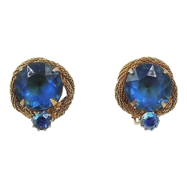 1960s Blue-Green Rhinestone Clip Earrings - 2 Pieces For Sale