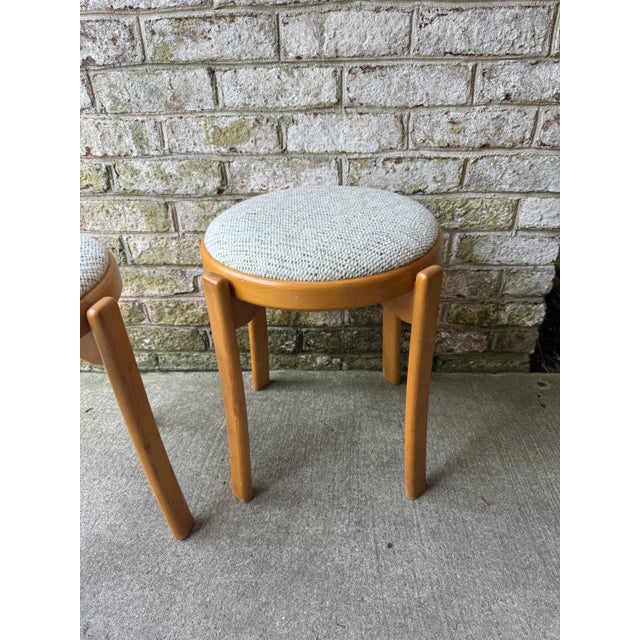 Pair of Mid 20th Century Danish Blonde Wood Stools With Upholstered Tops For Sale - Image 12 of 14