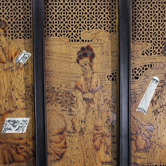 Wood Vintage Chinese Zitan Table Screen | Carved Ladies & Agarwood Inlay With Stand For Sale - Image 7 of 10