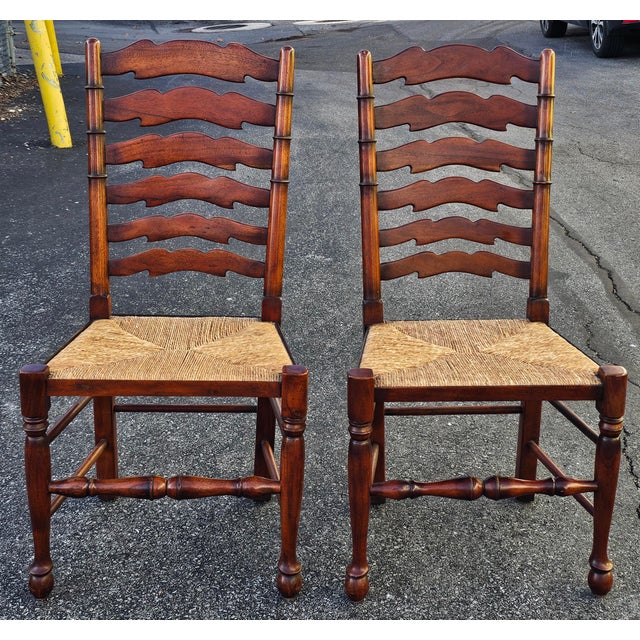 Wood Late 20th Century Set of Six English Oak Faux Bamboo Mahogany Six-Splat Ladder Back Chairs With Rush Seats For Sale - Image 7 of 13
