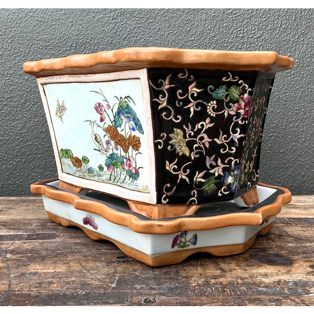 Black Vintage Chinoiserie Glazed Ceramic Planter For Sale - Image 8 of 9