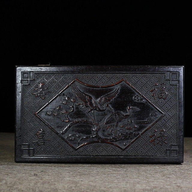 1970s 19Large Hand-Carved Dark Wood Treasure Box With Brass Hardware & Landscape Motif For Sale - Image 5 of 9