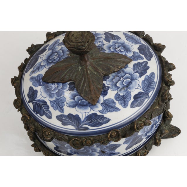 Vintage Maitland-Smith Blue and White Porcelain Box With Brass Hand Painted Floral Details For Sale - Image 12 of 13