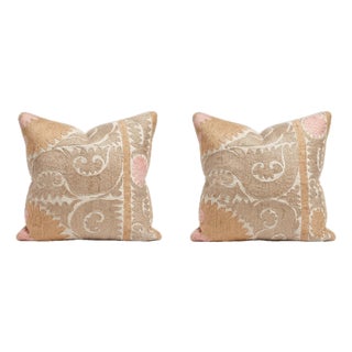 Beige Faded Suzani Bedding Pillow Cover 23'' X 26'' - Set of Two For Sale