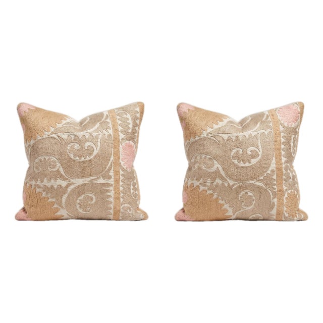 Beige Faded Suzani Bedding Pillow Cover 23'' X 26'' - Set of Two For Sale