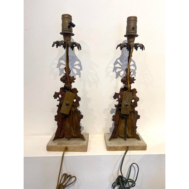 Vintage Figural Lady Table Lamps – Pair of Cast Metal & Stone Bases For Sale - Image 6 of 7