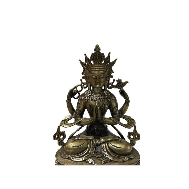 1970s Vintage Distressed Silver Color Metal Sitting Four Arms Tara Statue For Sale - Image 5 of 7