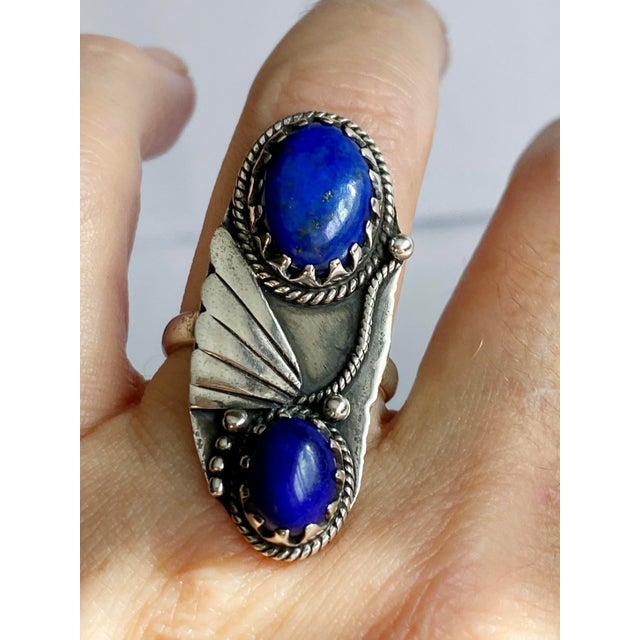 Metal Southwestern Revival Lapis Lazuli Double-Cabochon Ring in Ornate .925 Sterling Silver, , Size 8.25 For Sale - Image 7 of 9