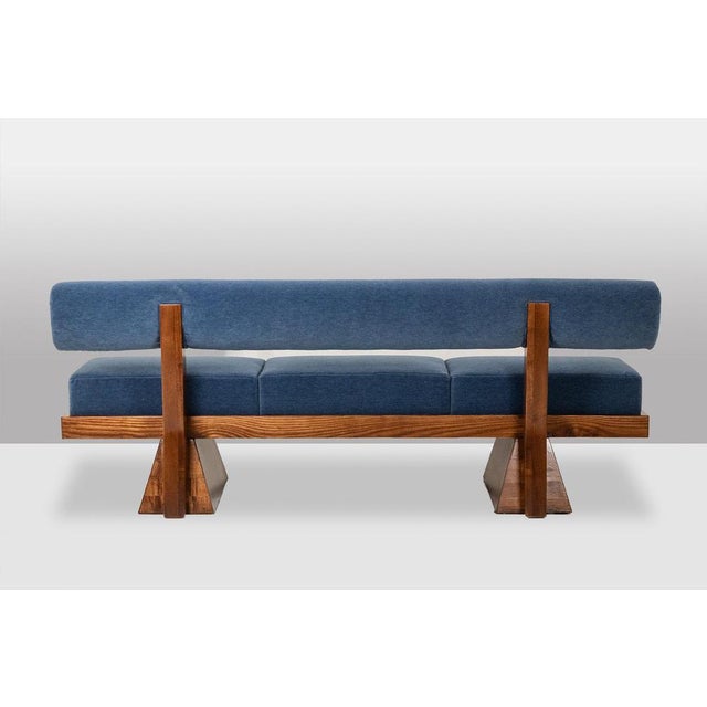 3-Seater Sofa in Ash Wood and Blue Mohair Velvet For Sale - Image 4 of 11