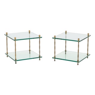 Pair of Modern Faux Bamboo Brass and Glass Side Tables For Sale