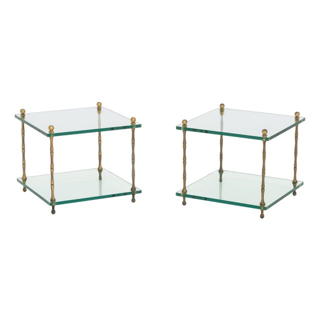 Pair of Modern Faux Bamboo Brass and Glass Side Tables For Sale