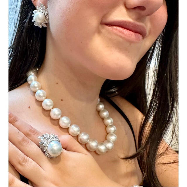 Early 21st Century 11.5-15 mm White South Sea Round Pearl Necklace Diamond Ruby Clasp, Vintage PT For Sale - Image 5 of 18