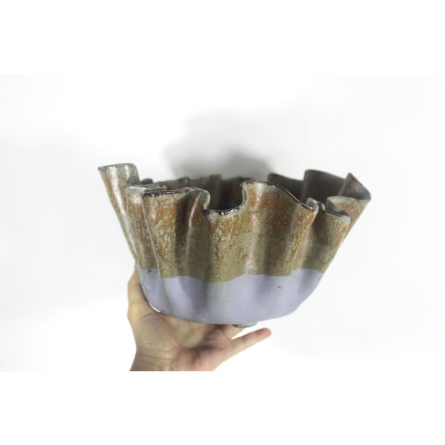 Sculptural Signed Studio Pottery Footed Bowl Organic Ruffled Edge Vintage For Sale - Image 10 of 13