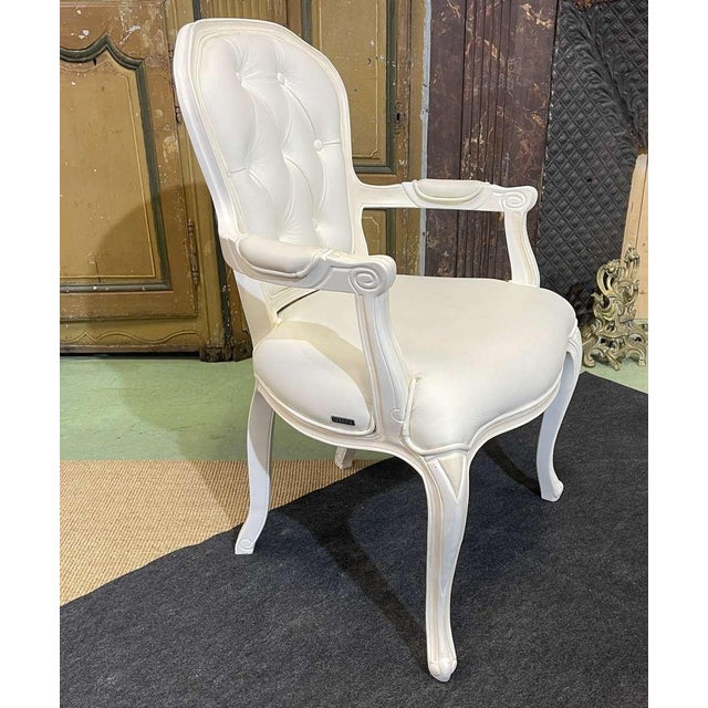 Modern Louis XV Style Cabriolet Armchair in Painted Wood and White Imitation Leather Upholstery For Sale - Image 4 of 12