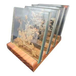 Vintage Set of 4 Pressed Flowers Glass Coasters and Stand