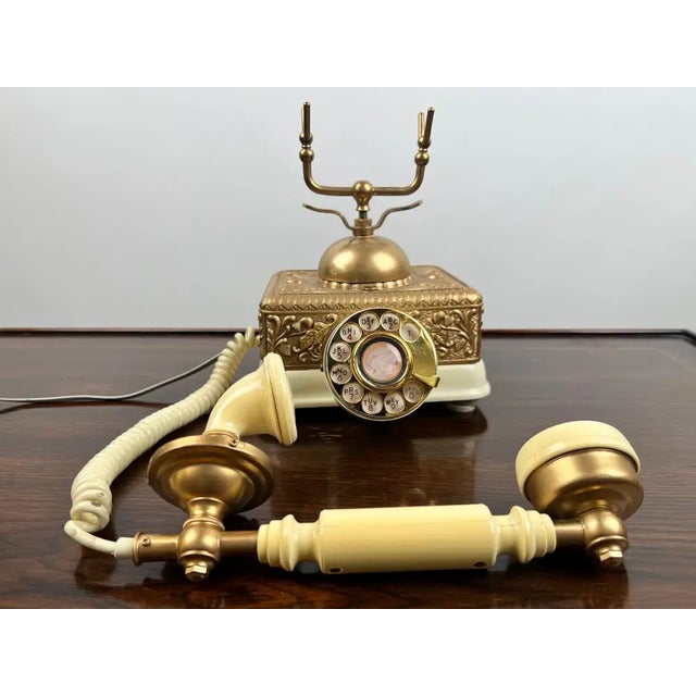 Vintage French Style Brass Rotary Telephone With Ornate Repoussé Cream Enamel Base For Sale - Image 9 of 16