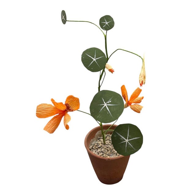 Charming Vintage Italian Hand-Crafted Metal and Crepe Paper Nasturtium Topiary in Terracotta Pot For Sale In West Palm - Image 6 of 12