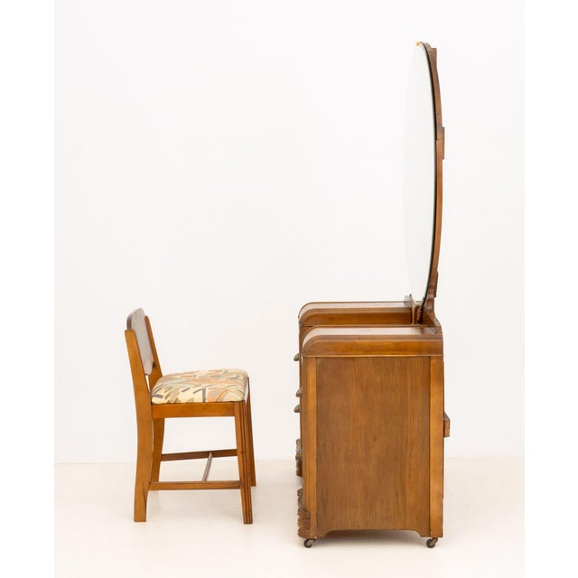 American Art Deco Mirrored Marquetry Inlaid Walnut Vanity and Chair For Sale - Image 10 of 16