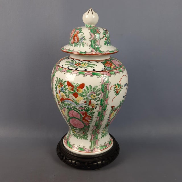 Vintage Hand-Painted Potiche Porcelain Vase with Wooden Base, 1950s For Sale - Image 4 of 11