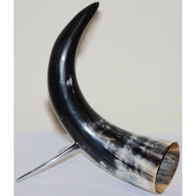 Metal Buffalo Horn on a Stand Home Decor For Sale - Image 7 of 9
