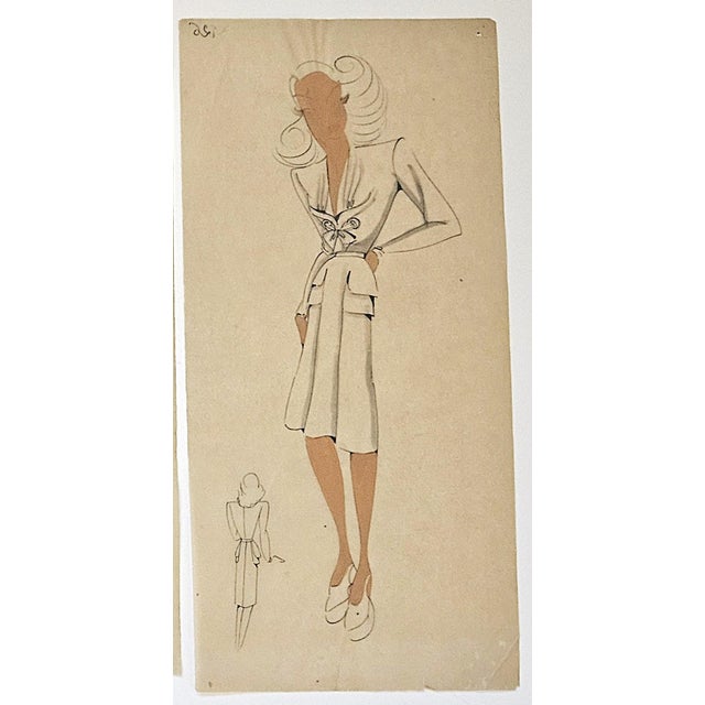 Paper 1940s=Set of 4-Original Mid-Century French Fashion Drawings on Vellum For Sale - Image 7 of 7