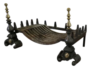 Large Polished Steel and Brass Log Grate on Andirons, 1890s, Set of 3