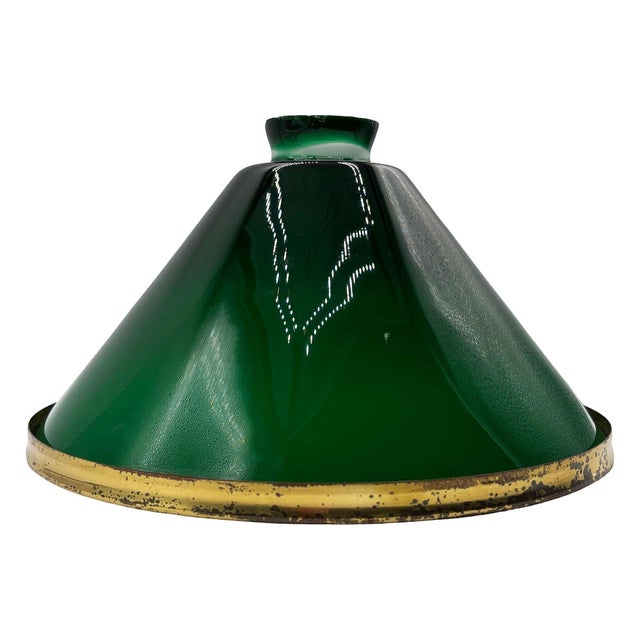 1920s Art Deco Banker/Poker Hanging Ceiling Light W/ 9" Brass Rim Green Glass Shade For Sale - Image 4 of 12